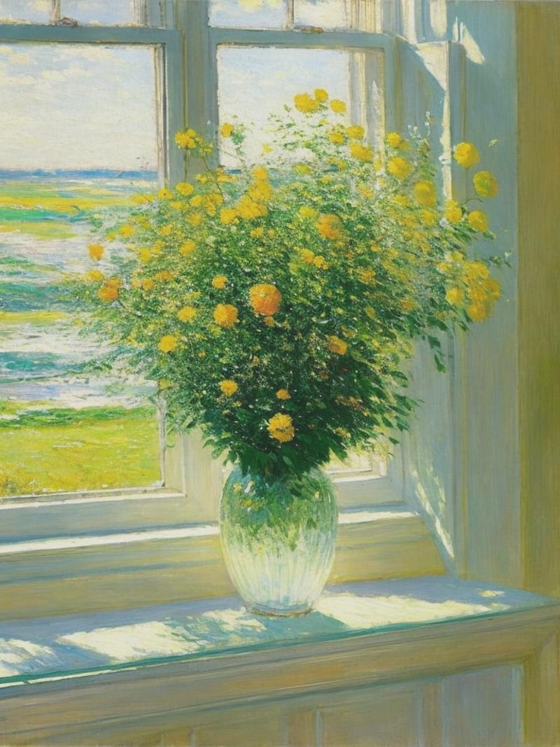 08756-2034788080-Childe Hassam Abstract painting of mint greensoft, sunny and gentle, flowers in front of the window,.png